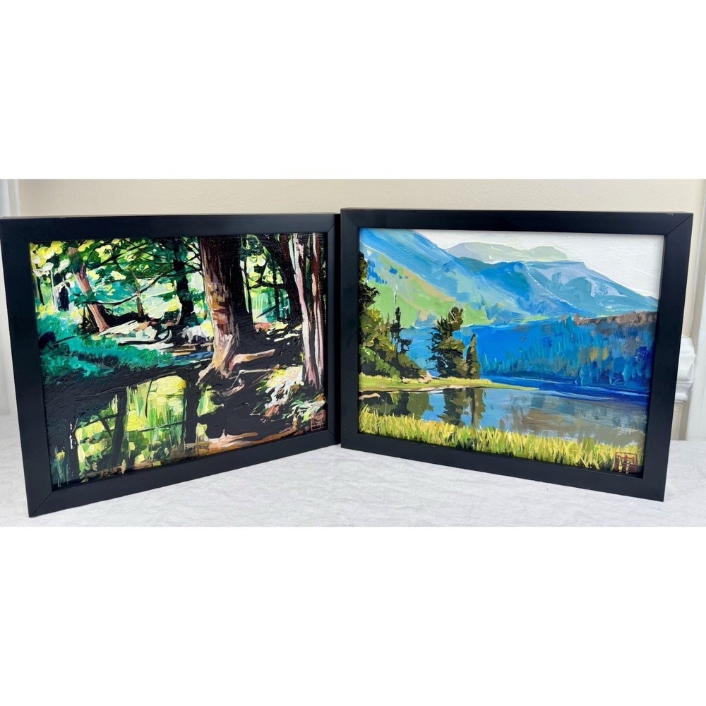 Original Landscape Oil Paintings Set of 2 Signed Mountain Lake Forest Framed Art